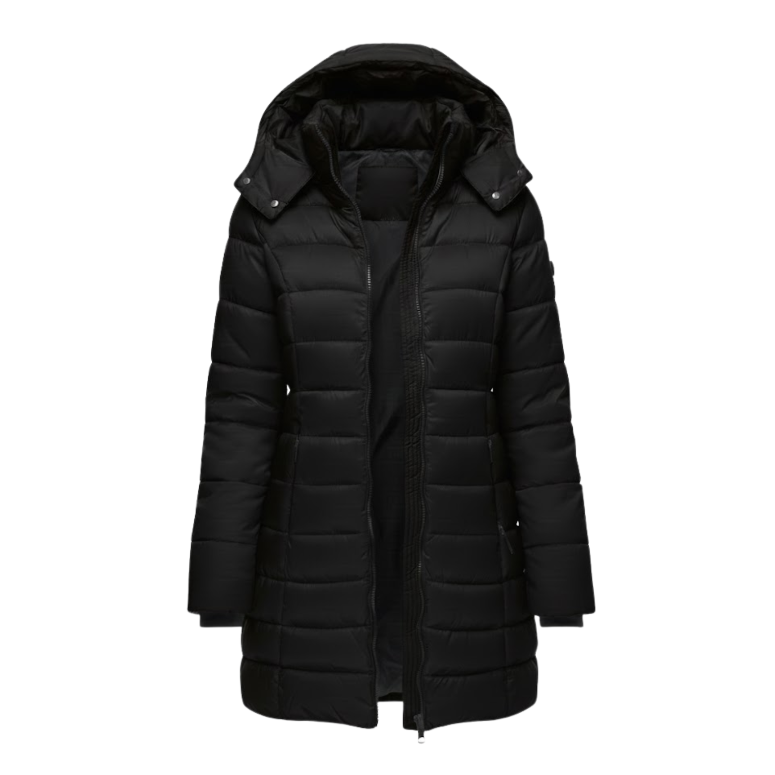 NOUVEAU RICHE Luna | Dame Mittellanger Steppparka mit Kapuze - Warmer Winterparka & Quiltet Mantel Schwarz