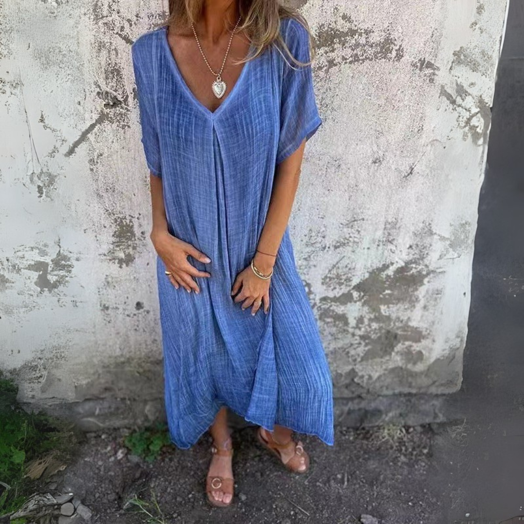NOUVEAU RICHE Kleid Aus Baumwolle Und Leinen V Ausschnitt Leicht Luftig Blau S