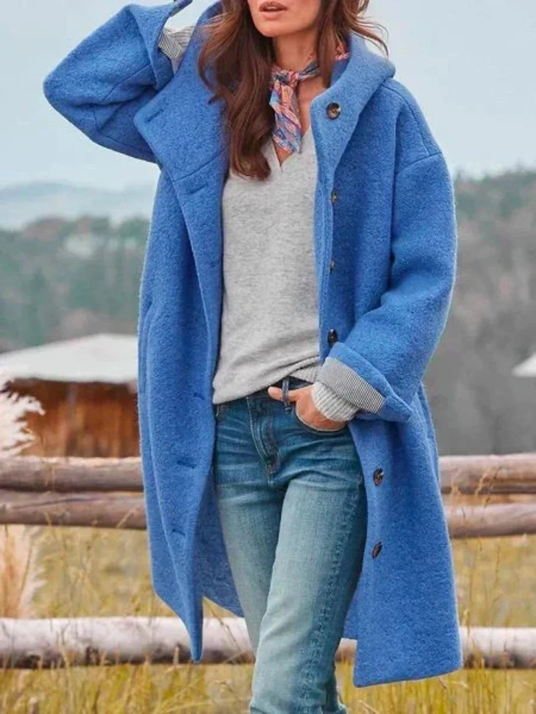 NOUVEAU RICHE Strukturierter Mantel mit Kapuze – Damen Wintermantel mit Kapuze, schmeichelhafte Passform, 5 Farben, S–3XL – Tasana Blau