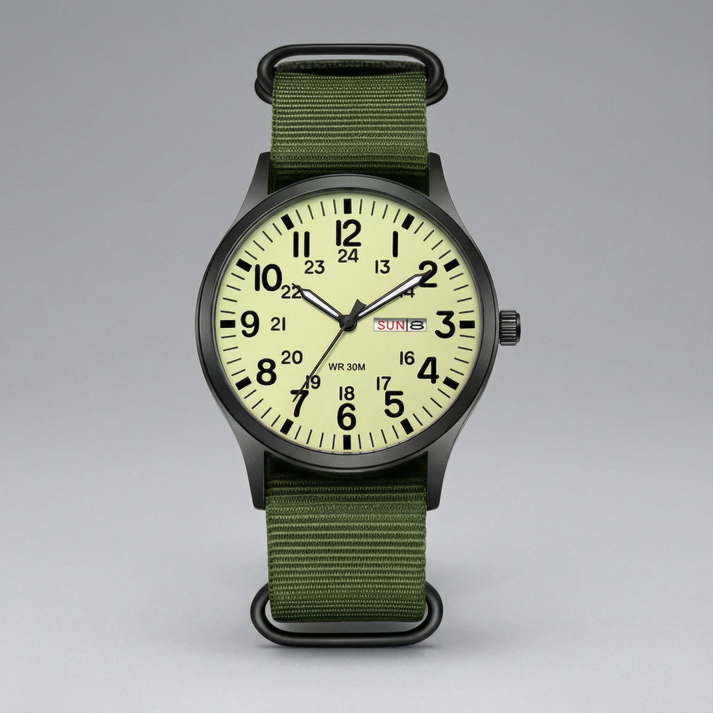NOUVEAU RICHE Outdoor Herrenuhr – Analoge Sportuhr 100 m wasserdicht, Saphirglas & Quarzwerk, Leuchtzeiger, 4 Farben – Ranches Fluoreszierendes Grün