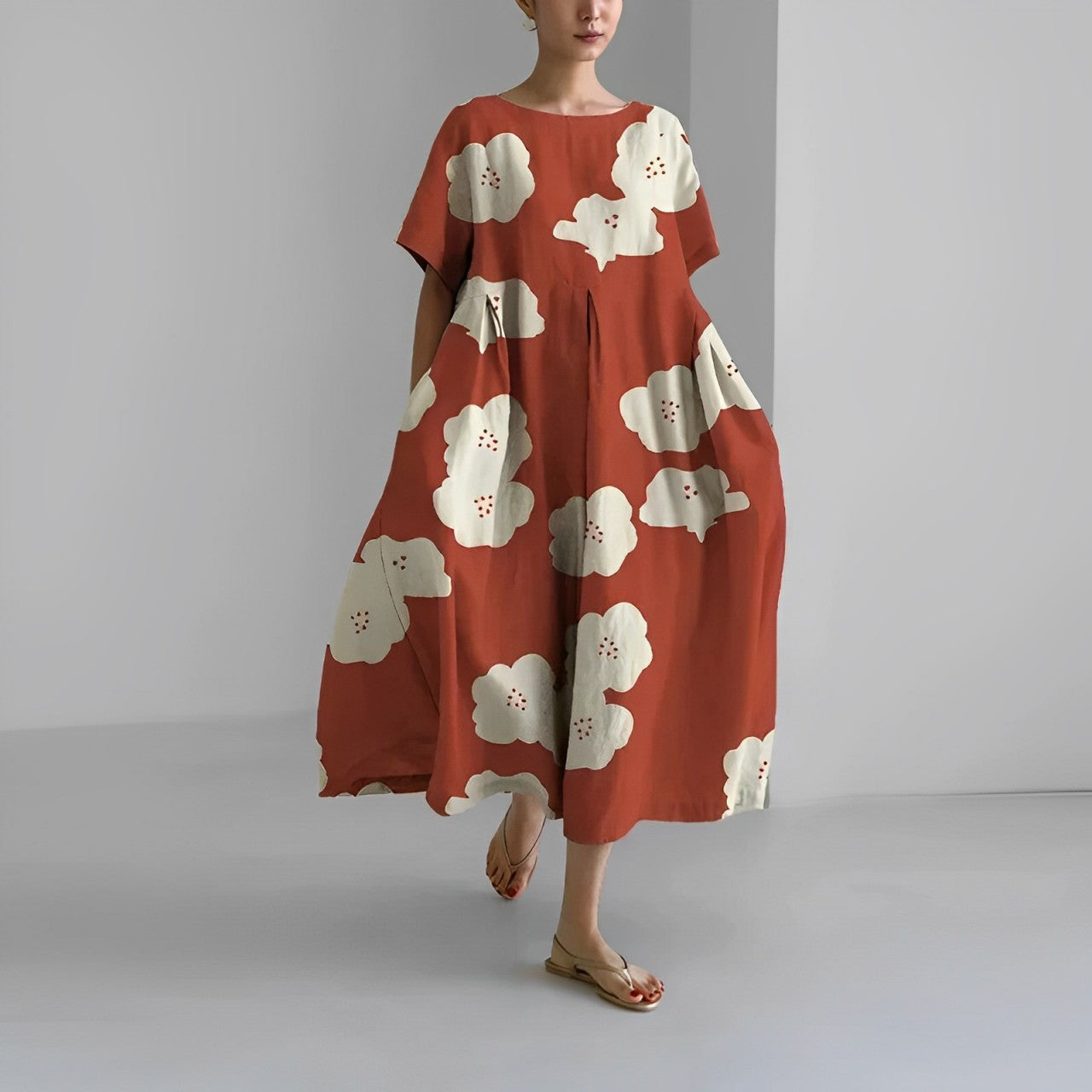 NOUVEAU RICHE Kleid Damen Bedrucktes Baumwollkleid Blumendruck Sommer Rot