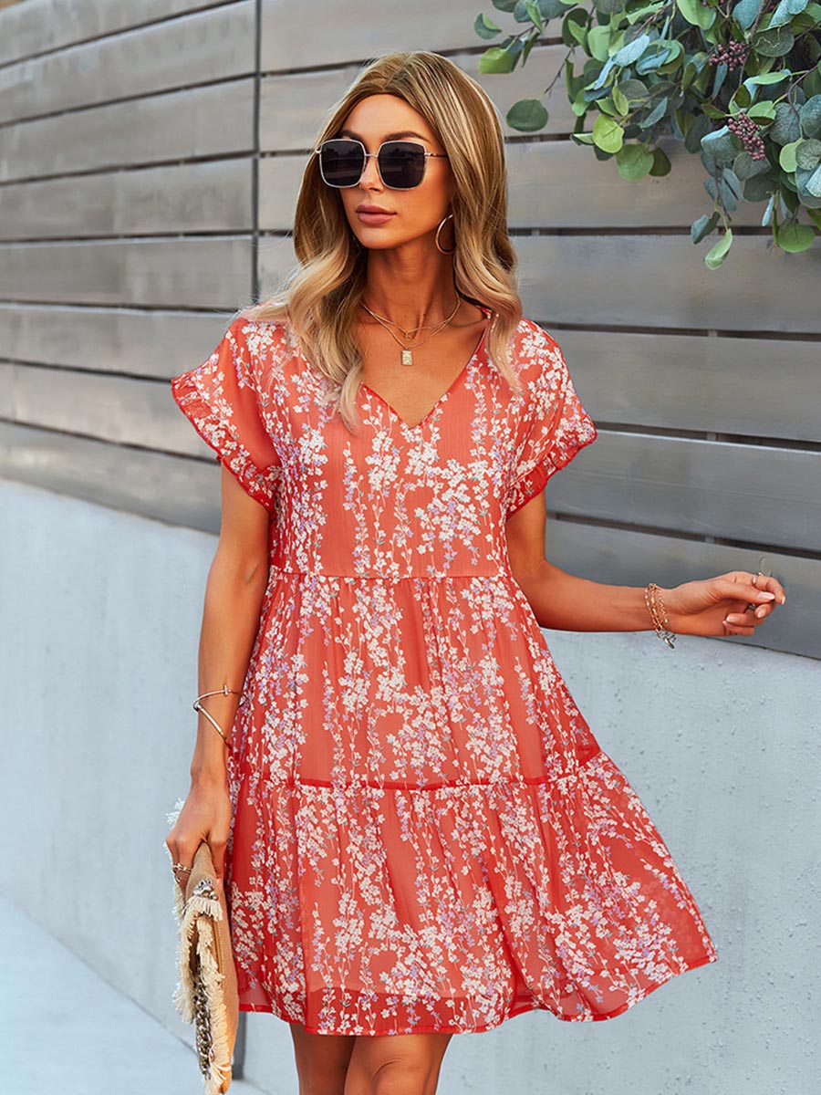 NOUVEAU RICHE A-Linien-Kleid Mit Blumenmuster V-Ausschnitt Über Dem Knie Länge Für Damen Aus 50 Prozent Polyester Und 50 Prozent Baumwolle In Verschiedenen Größen