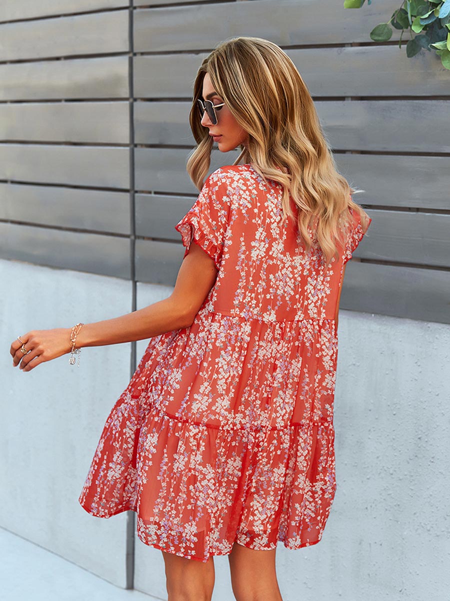 NOUVEAU RICHE A-Linien-Kleid Mit Blumenmuster V-Ausschnitt Über Dem Knie Länge Für Damen Aus 50 Prozent Polyester Und 50 Prozent Baumwolle In Verschiedenen Größen