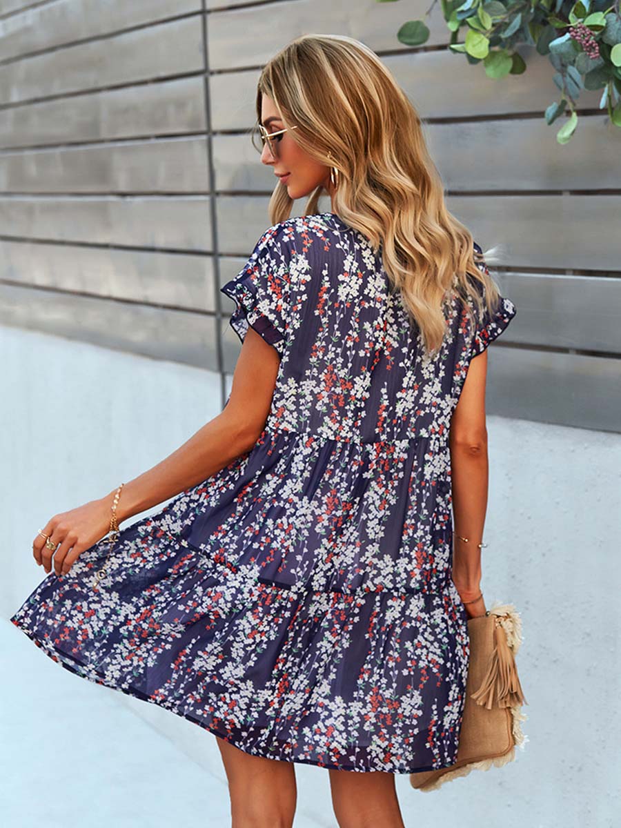 NOUVEAU RICHE A-Linien-Kleid Mit Blumenmuster V-Ausschnitt Über Dem Knie Länge Für Damen Aus 50 Prozent Polyester Und 50 Prozent Baumwolle In Verschiedenen Größen