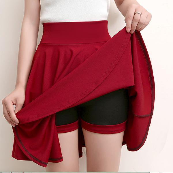 NOUVEAU RICHE A-Linien-Plissee-Röcke Mit Elastischer Taille Und Angesetzten Shorts Für Damen Bequeme Und Bewegungsfreundliche Röcke Ideal Gegen Scheuernde Oberschenkel Burgund