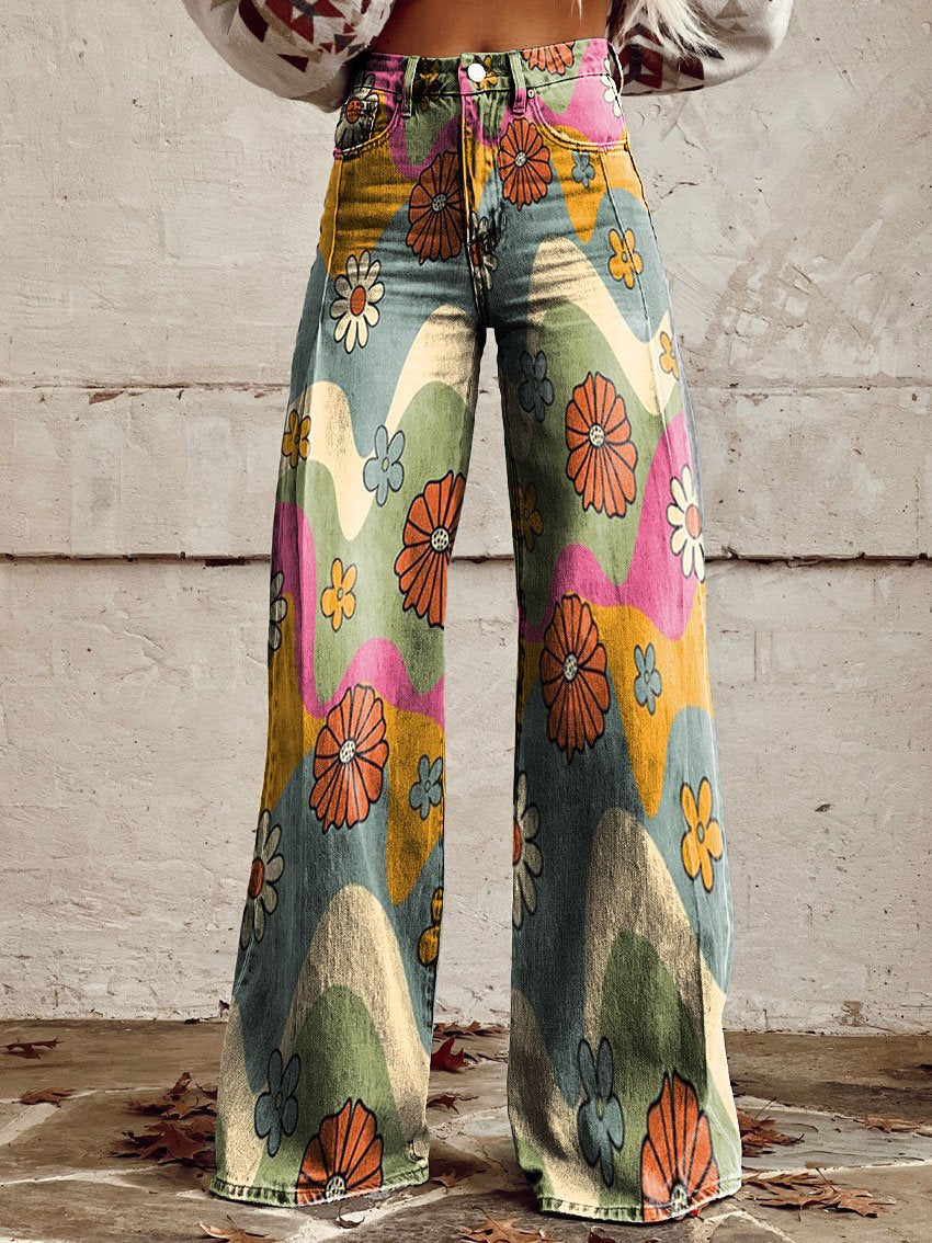 NOUVEAU RICHE Damen Lange Denim Hose Bequeme Freizeit Jeans Blau Alltag Wellen & Blumen