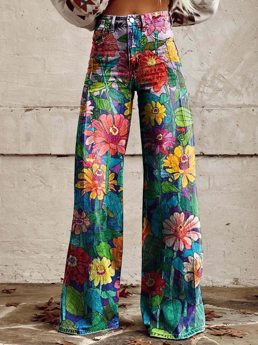 NOUVEAU RICHE Damen Lange Denim Hose Bequeme Freizeit Jeans Blau Alltag Gänseblümchen
