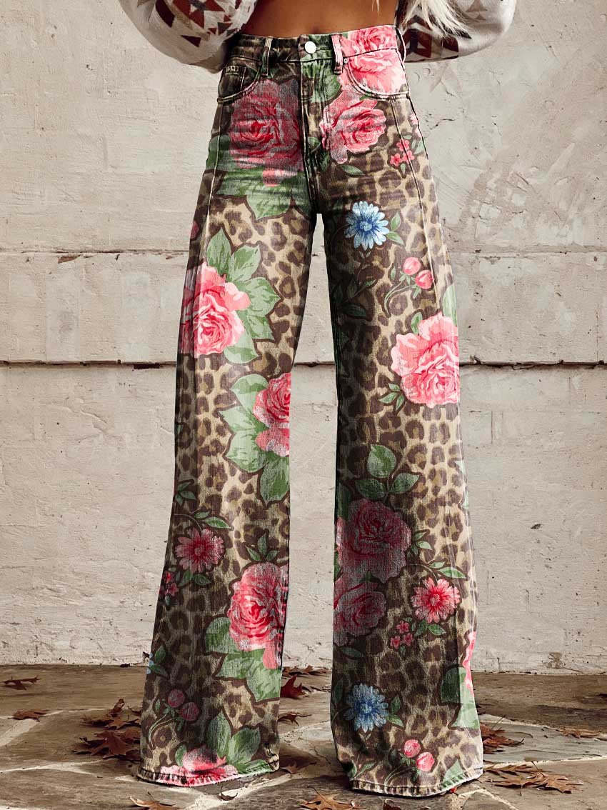 NOUVEAU RICHE Damen Lange Denim Hose Bequeme Freizeit Jeans Blau Alltag Rosa & Leopard