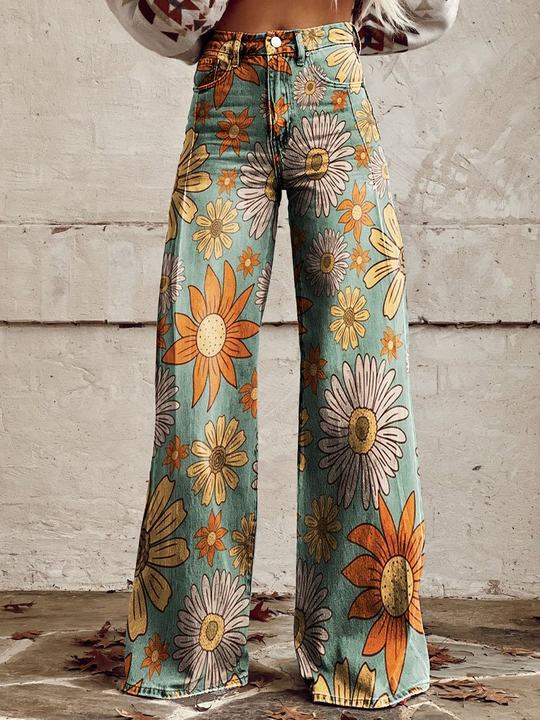 NOUVEAU RICHE Damen Lange Denim Hose Bequeme Freizeit Jeans Blau Alltag Blüte
