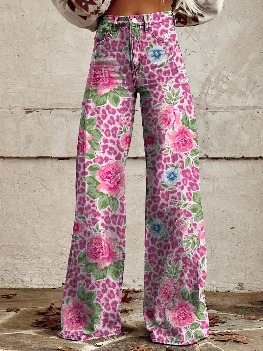 NOUVEAU RICHE Damen Lange Denim Hose Bequeme Freizeit Jeans Blau Alltag Rosa Blume