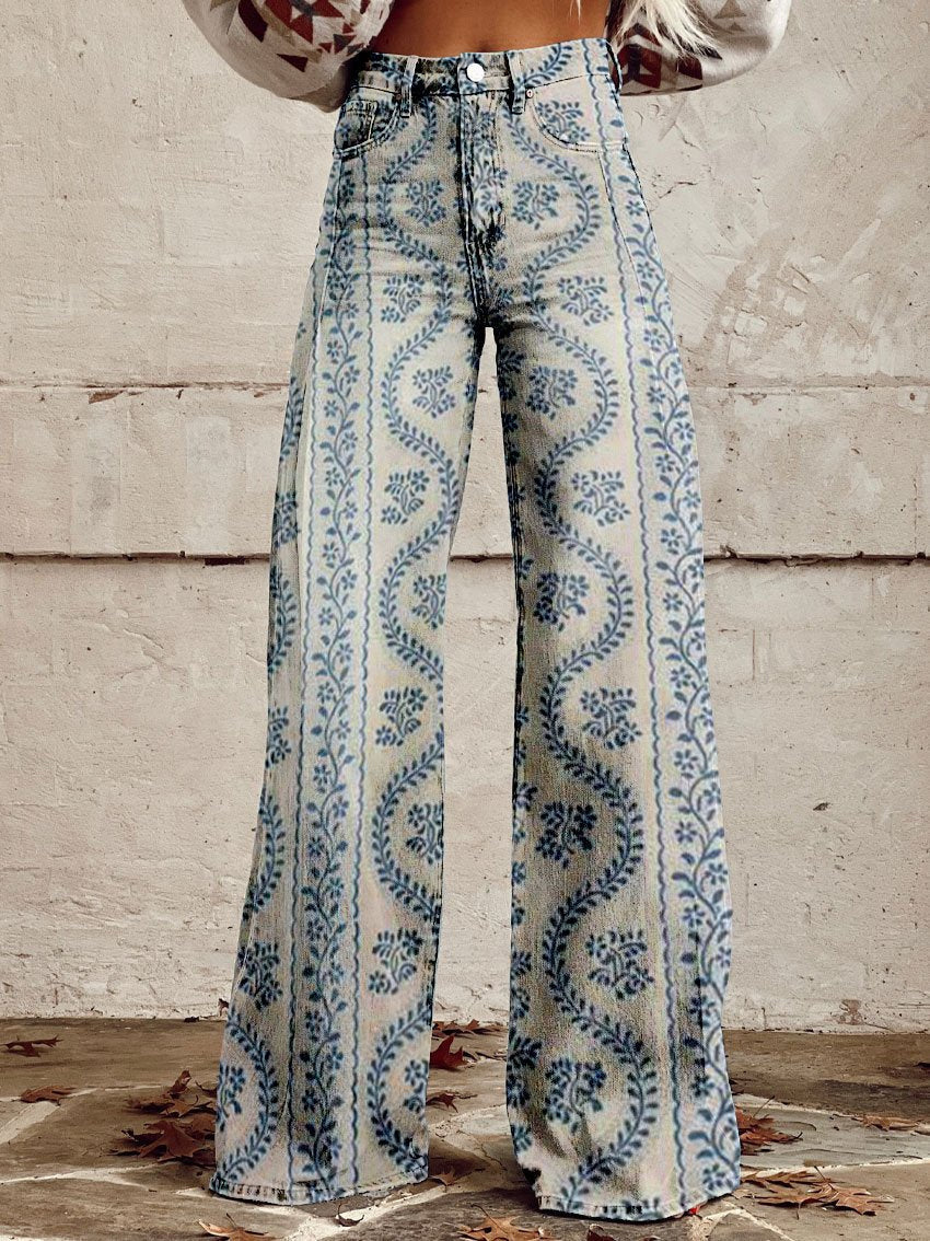 NOUVEAU RICHE Damen Lange Denim Hose Bequeme Freizeit Jeans Blau Alltag Blau Gemustert