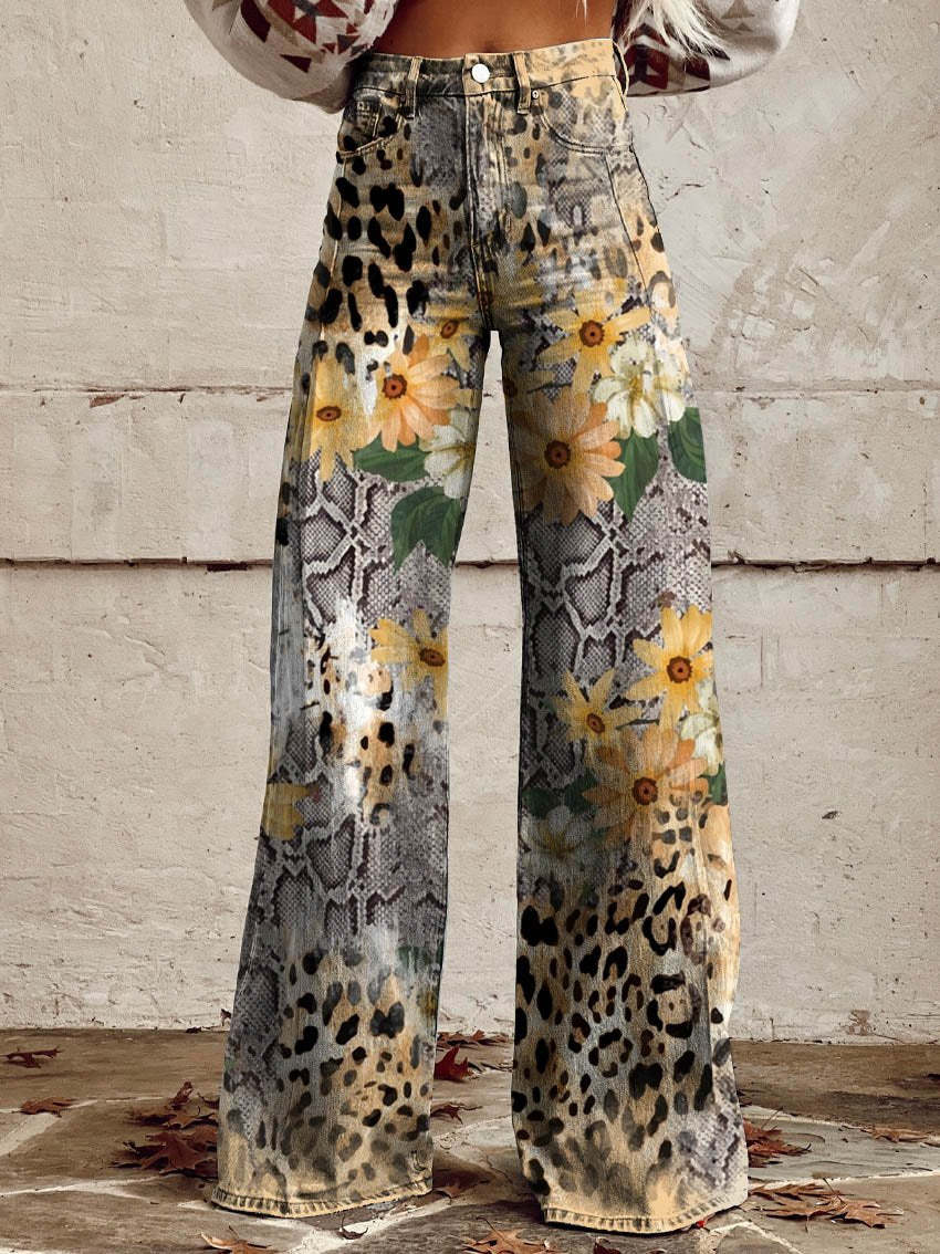 NOUVEAU RICHE Damen Lange Denim Hose Bequeme Freizeit Jeans Blau Alltag Leoparden