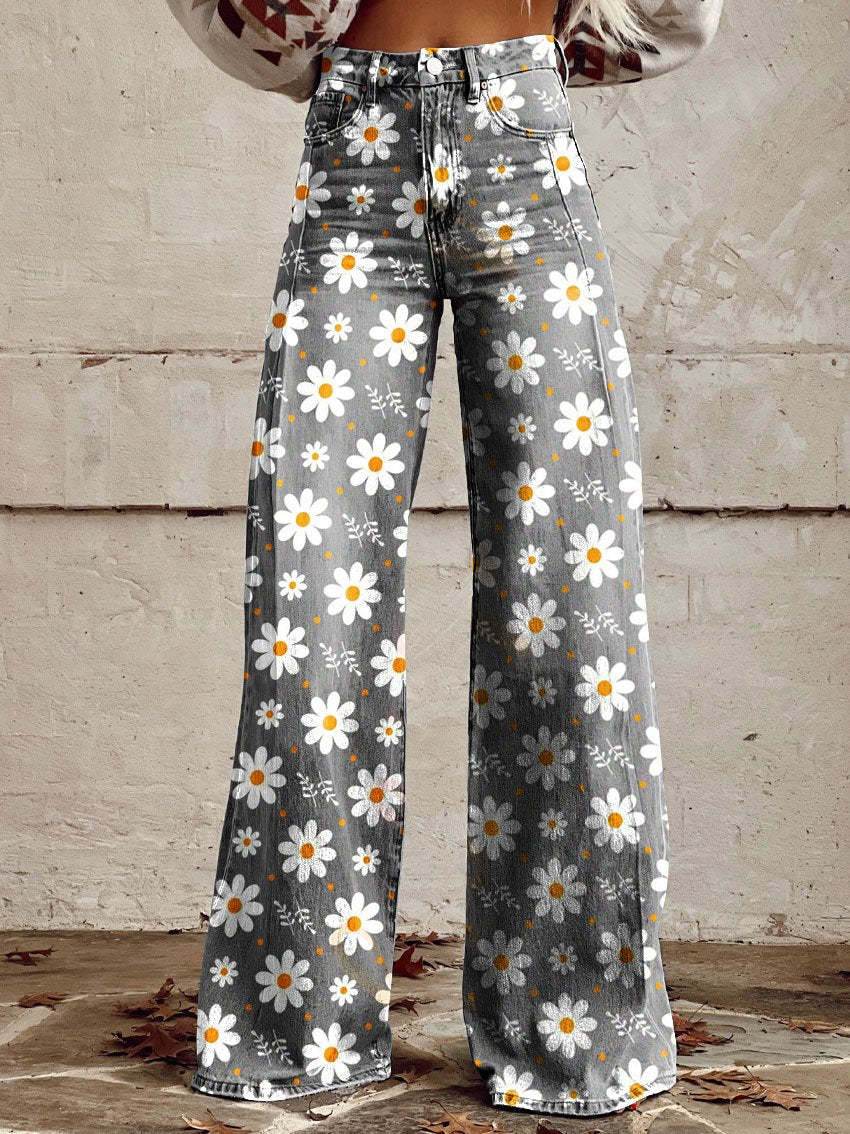 NOUVEAU RICHE Damen Lange Denim Hose Bequeme Freizeit Jeans Blau Alltag Weiß Blume