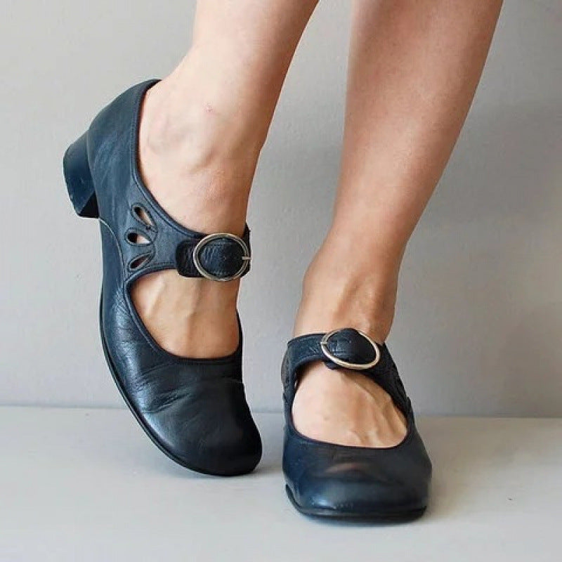 NOUVEAU RICHE Abendschuhe Für Damen Mit Niedrigem Absatz Riemen Mit Schnalle In Lederoptik Retro Cut Out Design Blau