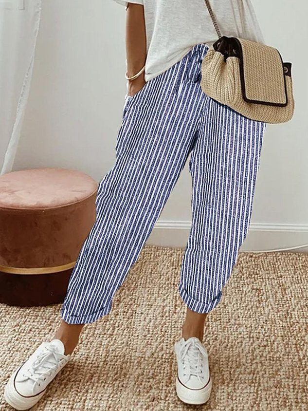 NOUVEAU RICHE Atmungsaktive High Waist Anti Schweiß Luxushose Für Alltag Blau (Gestreift)