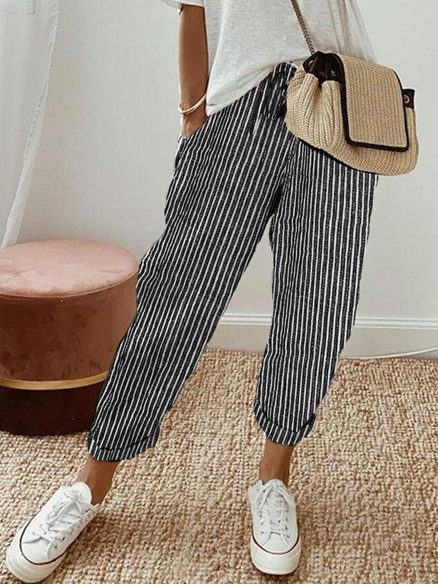 NOUVEAU RICHE Atmungsaktive High Waist Anti Schweiß Luxushose Für Alltag Schwarz (Gestreift)