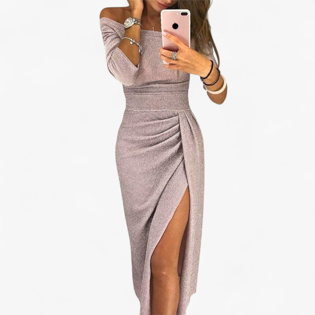 NOUVEAU RICHE Lyvanto | Elegantes Damenkleid – Schulterfrei & raffiniertes Design Lila
