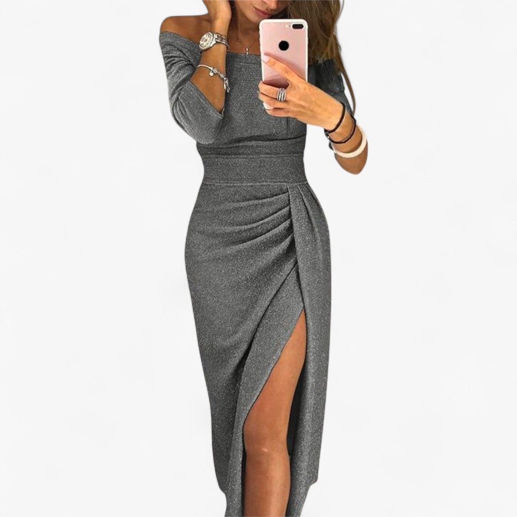NOUVEAU RICHE Lyvanto | Elegantes Damenkleid – Schulterfrei & raffiniertes Design Grau