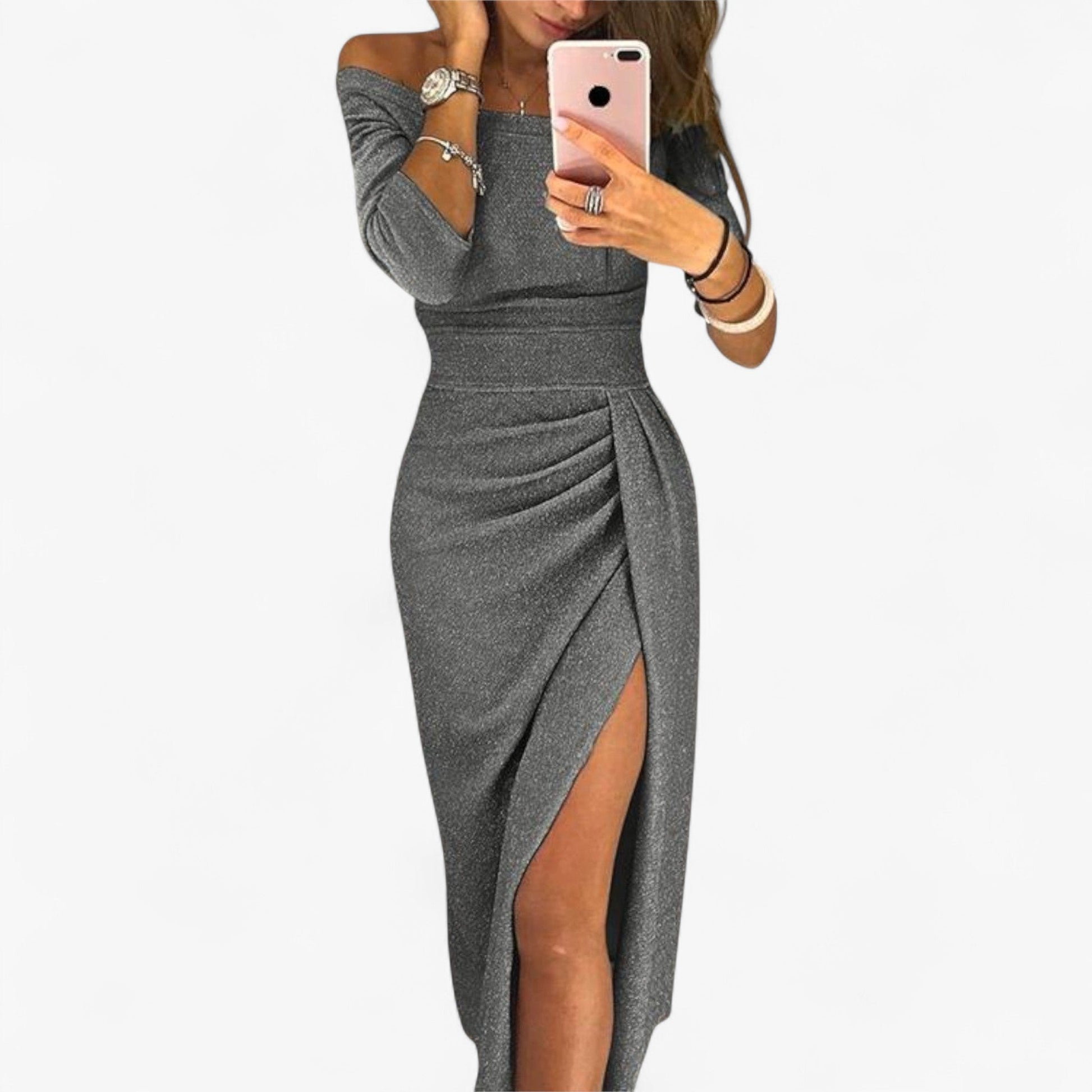 NOUVEAU RICHE Lyvanto | Elegantes Damenkleid – Schulterfrei & raffiniertes Design Grau