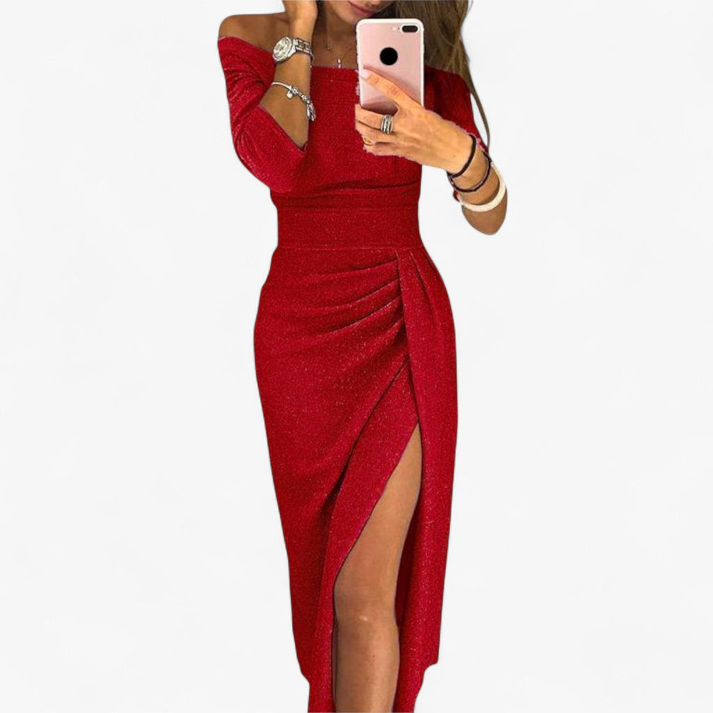 NOUVEAU RICHE Lyvanto | Elegantes Damenkleid – Schulterfrei & raffiniertes Design Rot