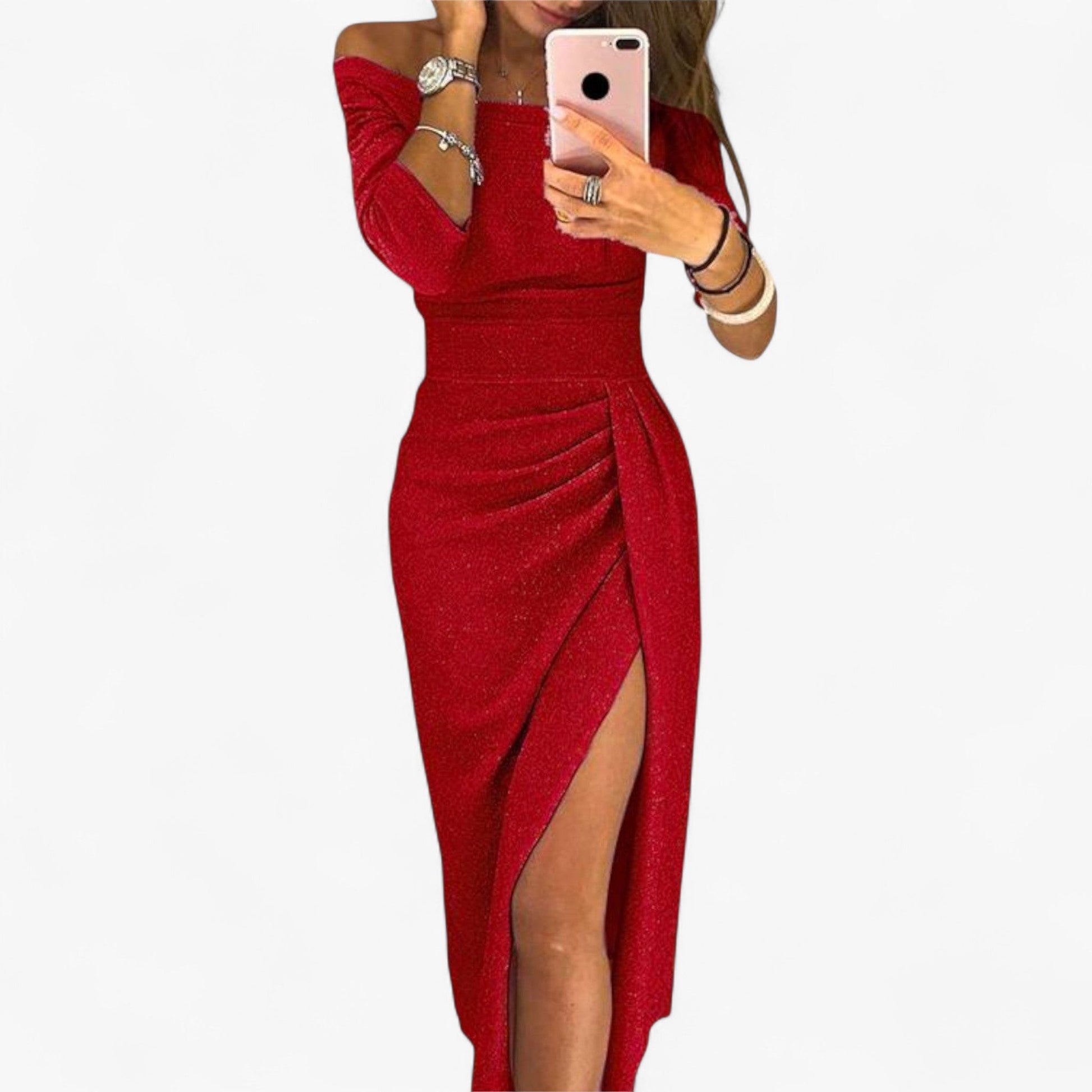 NOUVEAU RICHE Lyvanto | Elegantes Damenkleid – Schulterfrei & raffiniertes Design Rot