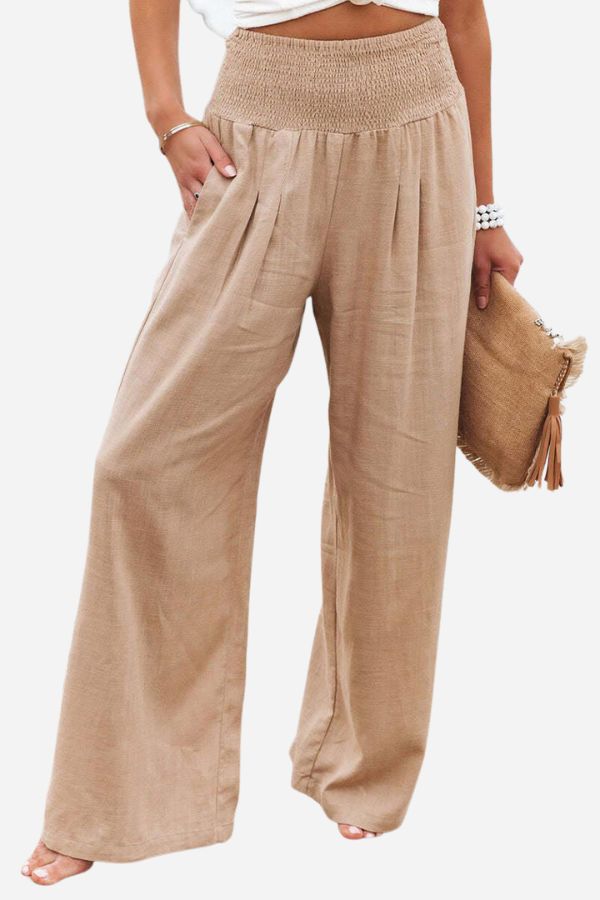 NOUVEAU RICHE Palazzohose Mit Gesmocktem Bund Hoher Taille Weite Bequem Khaki