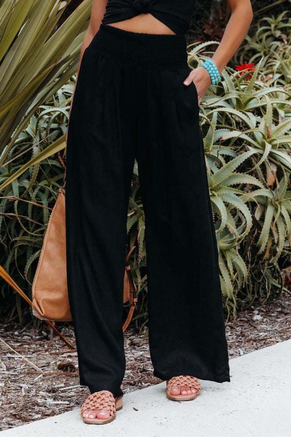 NOUVEAU RICHE Palazzohose Mit Gesmocktem Bund Hoher Taille Weite Bequem Schwarz