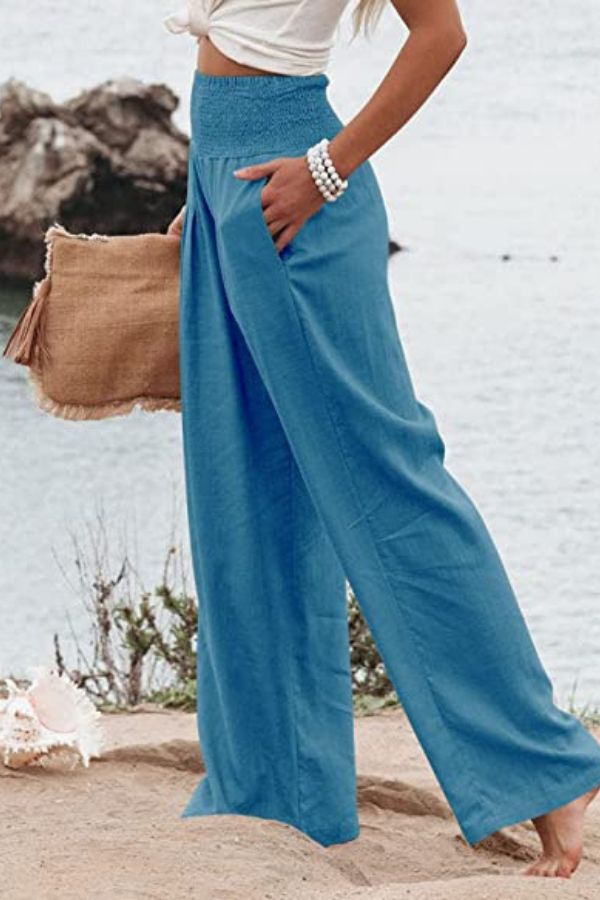 NOUVEAU RICHE Palazzohose Mit Gesmocktem Bund Hoher Taille Weite Bequem Blau