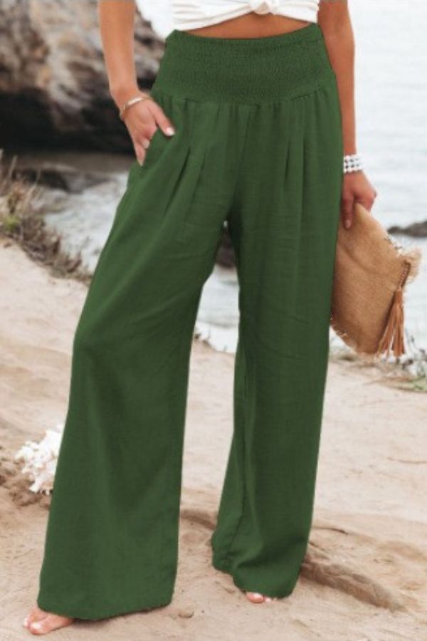 NOUVEAU RICHE Palazzohose Mit Gesmocktem Bund Hoher Taille Weite Bequem Armeegrün