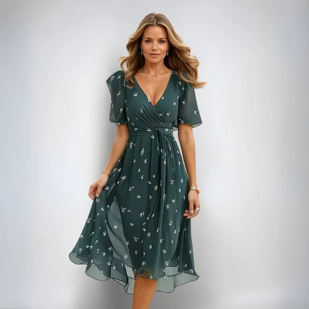NOUVEAU RICHE Vena | Damen Sommerkleid – Midi-Länge, V-Ausschnitt & Kurze Ärmel Grün