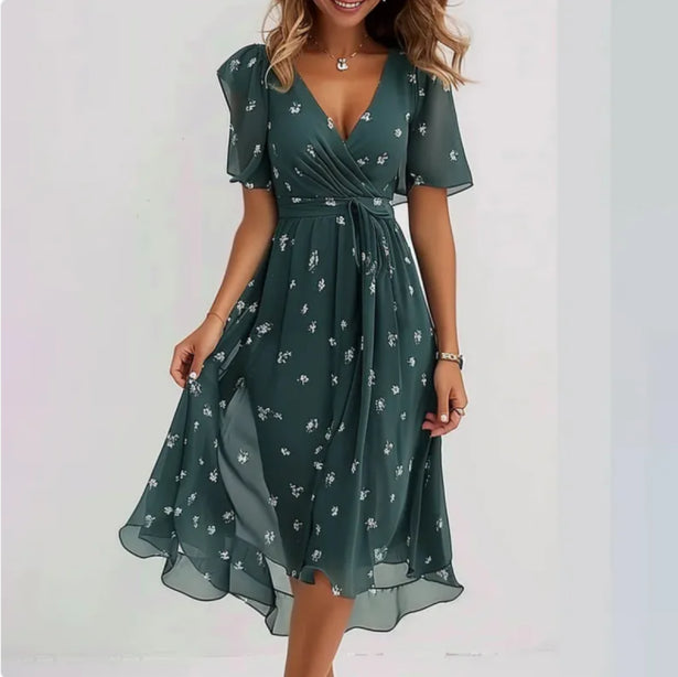 NOUVEAU RICHE Vena | Damen Sommerkleid – Midi-Länge, V-Ausschnitt & Kurze Ärmel