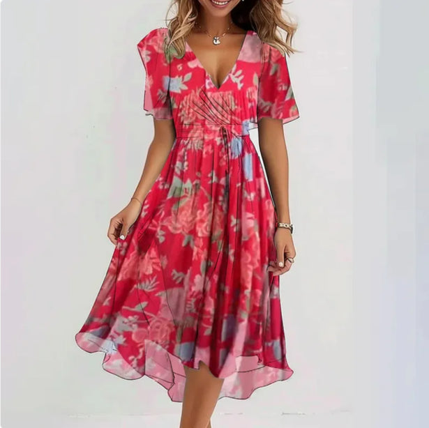 NOUVEAU RICHE Vena | Damen Sommerkleid – Midi-Länge, V-Ausschnitt & Kurze Ärmel Rosa
