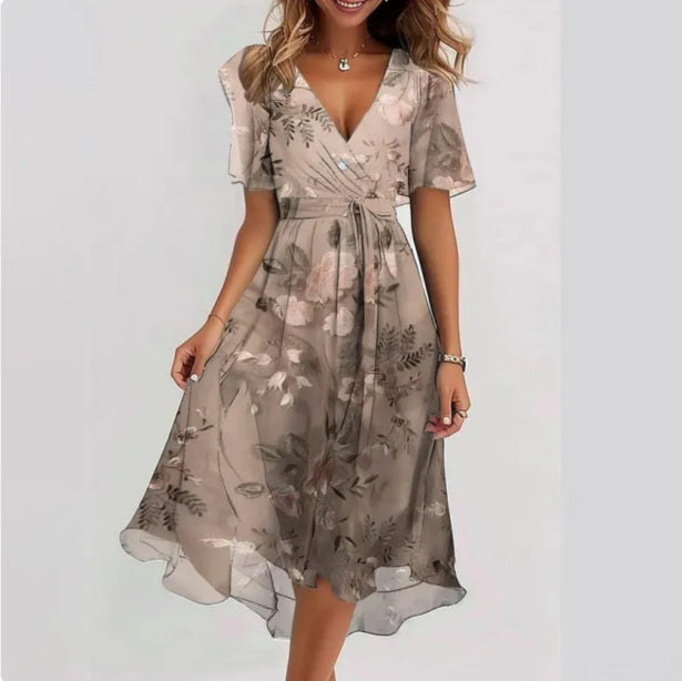 NOUVEAU RICHE Vena | Damen Sommerkleid – Midi-Länge, V-Ausschnitt & Kurze Ärmel Beige