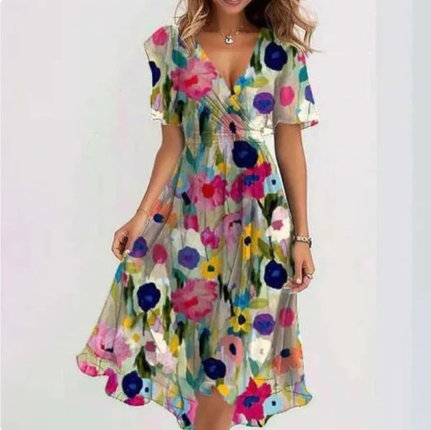NOUVEAU RICHE Vena | Damen Sommerkleid – Midi-Länge, V-Ausschnitt & Kurze Ärmel Mehrfarbig