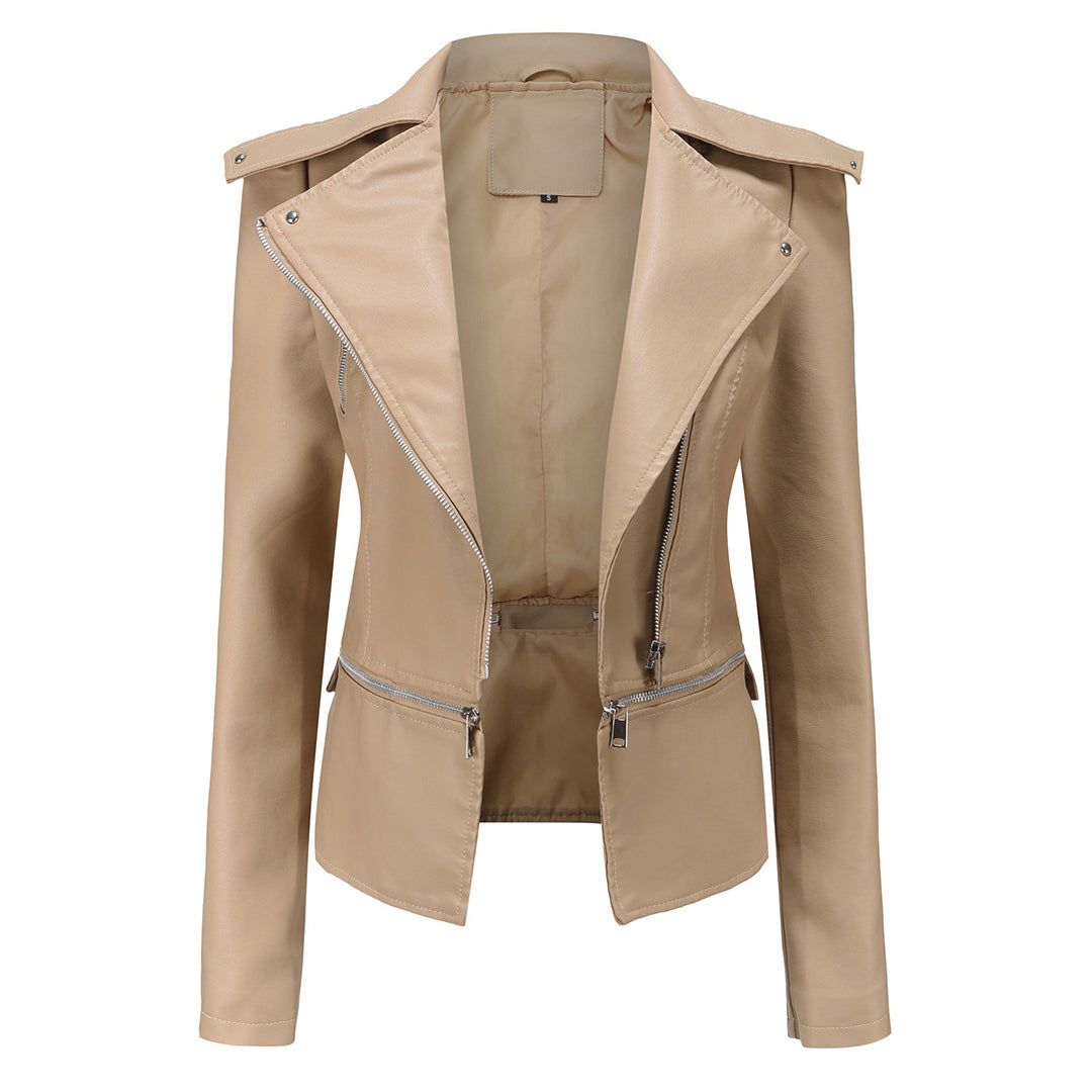 NOUVEAU RICHE Bikerjacke Damen Schlanke Passform Urban Stil Klarer Look Aprikose