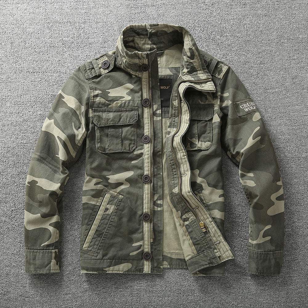 NOUVEAU RICHE Arbeitsjacke im Militärstil aus 100 Prozent Baumwolle mit Schmaler Passform und Zwei Brusttaschen für Herren Grünes Camouflage_2 dass die Größe klein ausfällt)_2