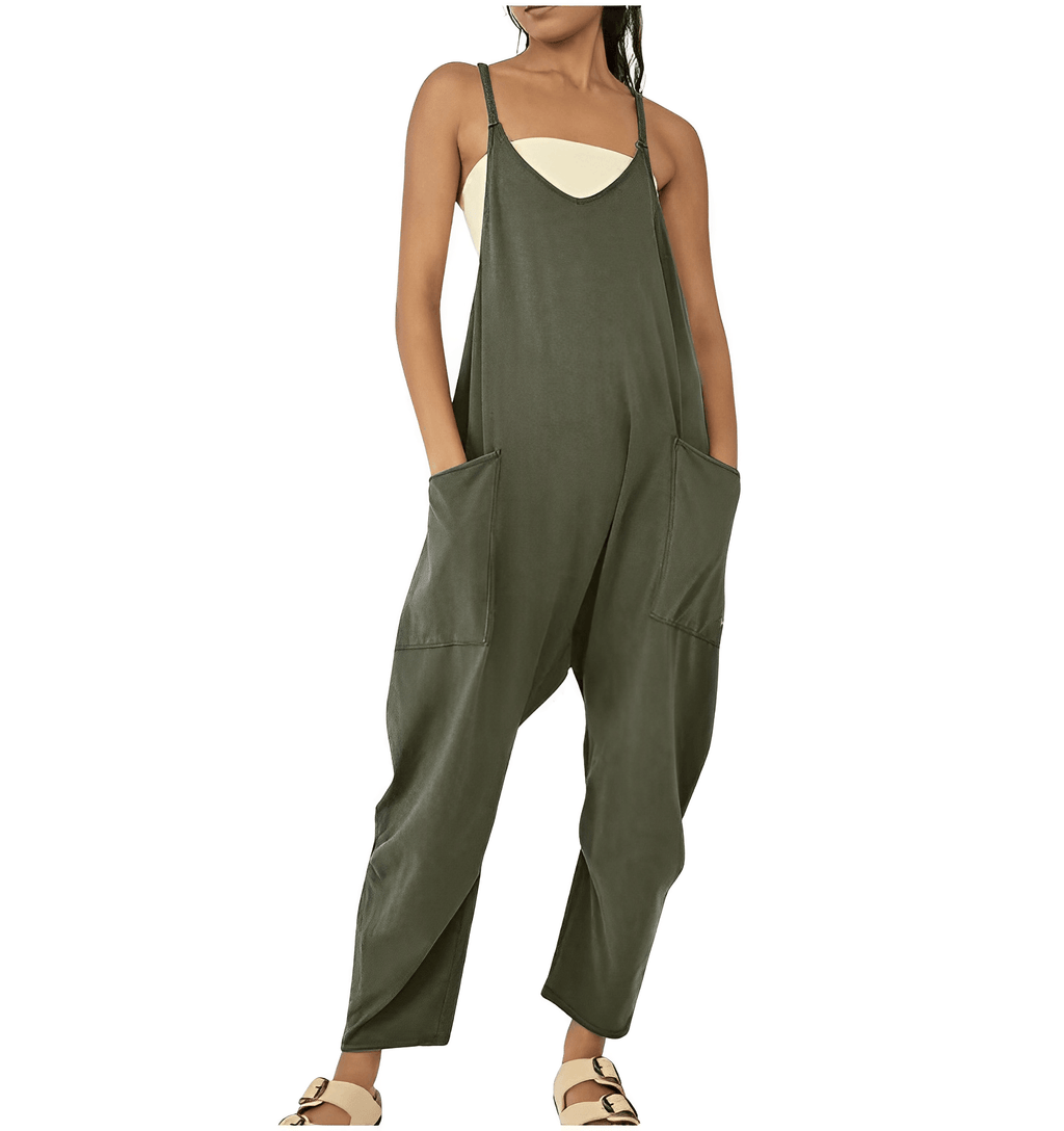 NOUVEAU RICHE Ärmelloser Freizeit-Jumpsuit mit Taschen für Damen in Entspanntem Stil und Atmungsaktivem Material für Bequemen Komfort Armeegrün