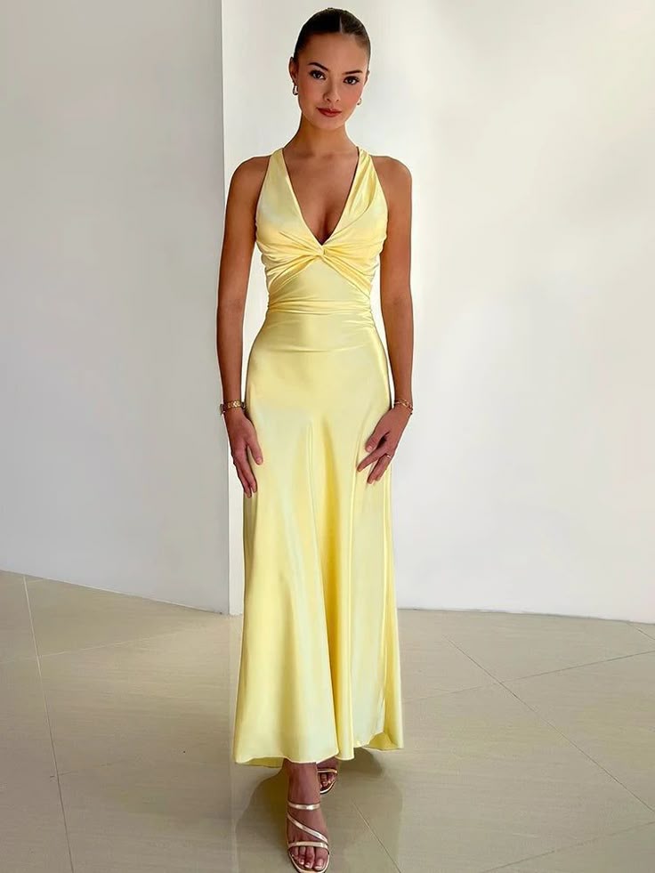 NOUVEAU RICHE Ärmelloses Maxikleid Mit Tiefem V Ausschnitt Und Rückenfrei Gelb