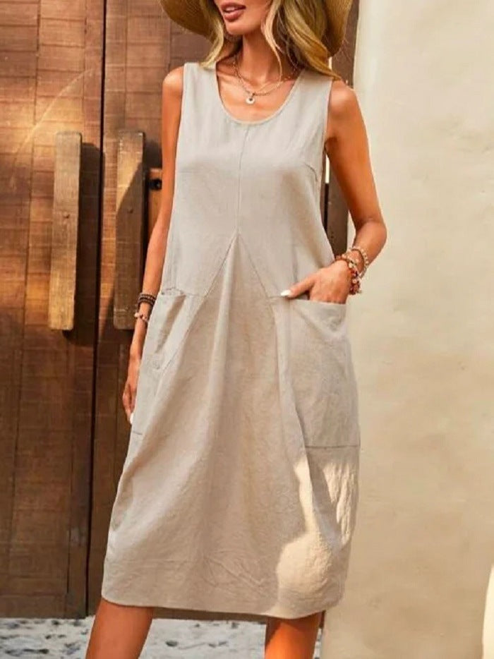 NOUVEAU RICHE Ärmelloses Kleid mit U-Ausschnitt und großen Taschen aus 100 Prozent Baumwolle für entspannte Sommermode in Größe S Aprikose