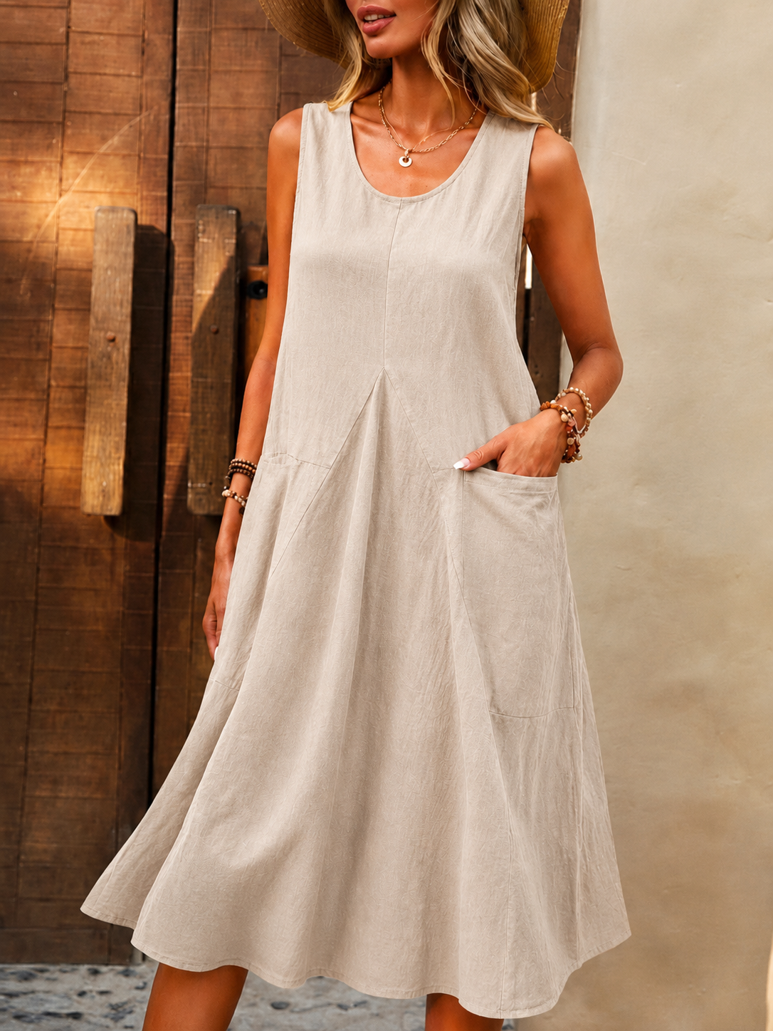 NOUVEAU RICHE Ärmelloses Kleid mit U-Ausschnitt und großen Taschen aus 100 Prozent Baumwolle für entspannte Sommermode in Größe S