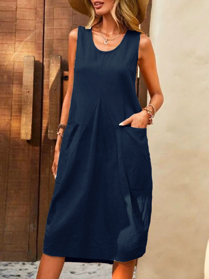 NOUVEAU RICHE Ärmelloses Kleid mit U-Ausschnitt und großen Taschen aus 100 Prozent Baumwolle für entspannte Sommermode in Größe S Marineblau