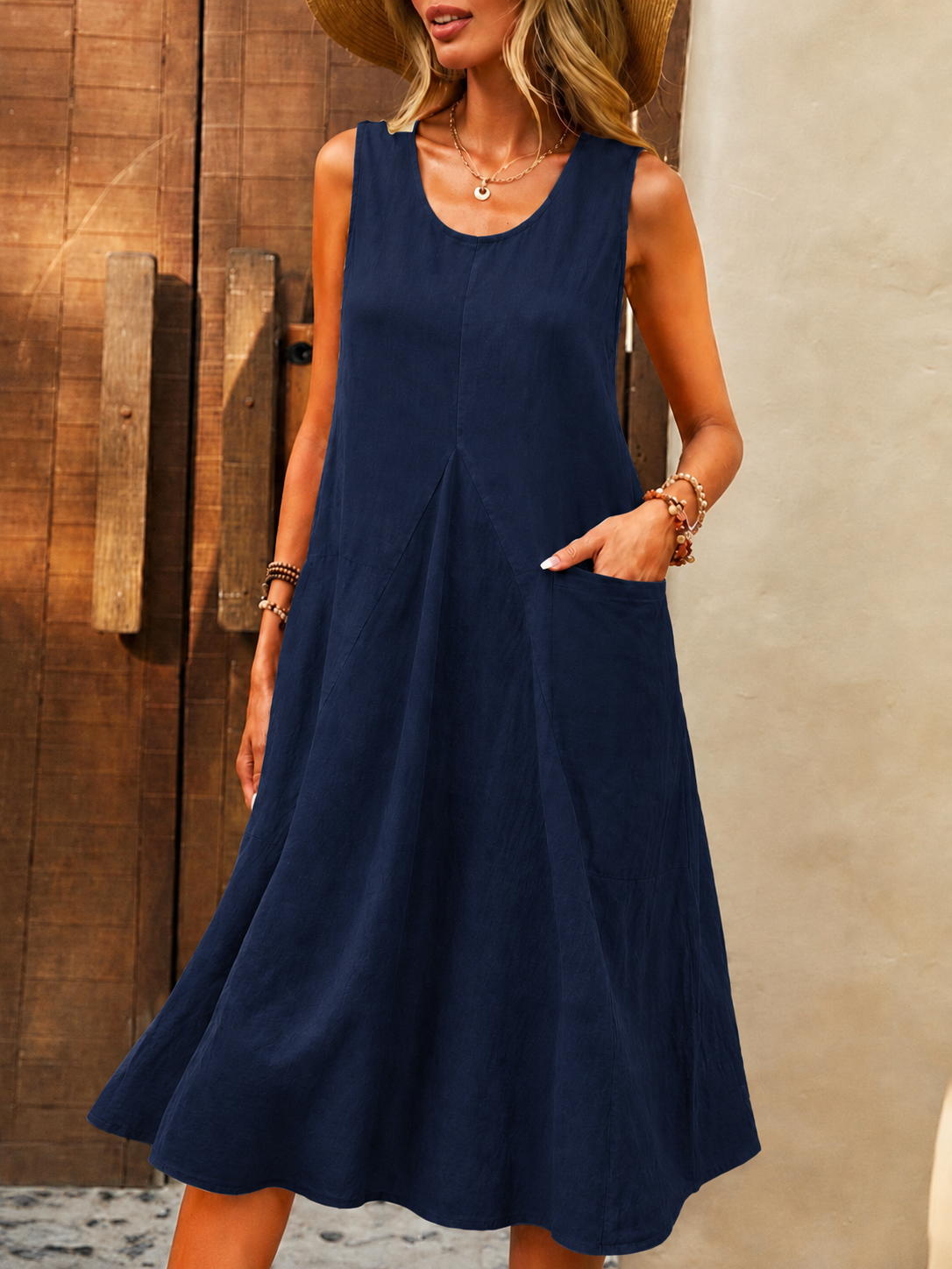 NOUVEAU RICHE Ärmelloses Kleid mit U-Ausschnitt und großen Taschen aus 100 Prozent Baumwolle für entspannte Sommermode in Größe S Marineblau