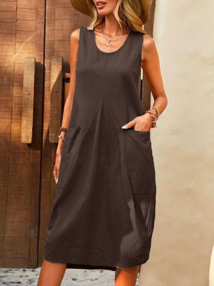 NOUVEAU RICHE Ärmelloses Kleid mit U-Ausschnitt und großen Taschen aus 100 Prozent Baumwolle für entspannte Sommermode in Größe S Kaffee