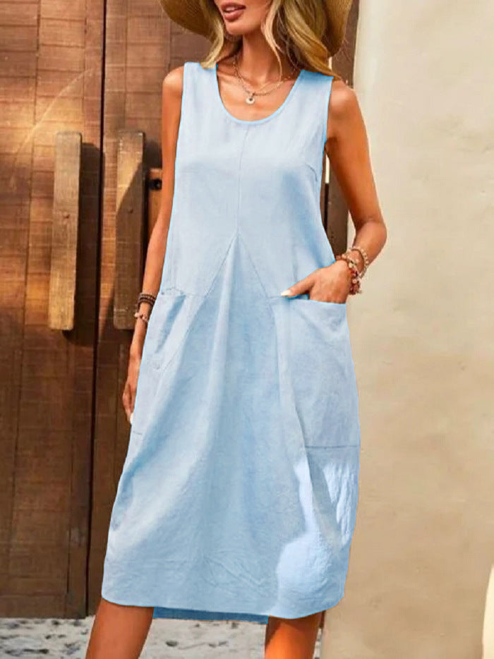 NOUVEAU RICHE Ärmelloses Kleid mit U-Ausschnitt und großen Taschen aus 100 Prozent Baumwolle für entspannte Sommermode in Größe S Hellblau