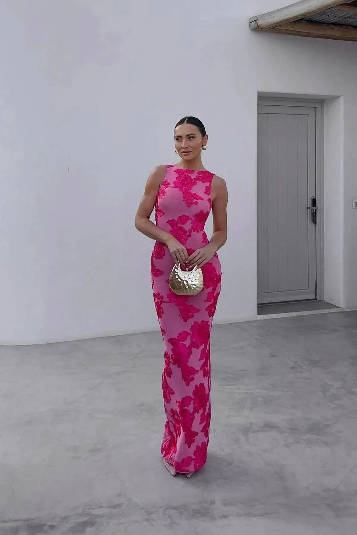 NOUVEAU RICHE Figurbetontes Ärmelloses Maxikleid Mit Blumenstickerei Und Stretchgewebe