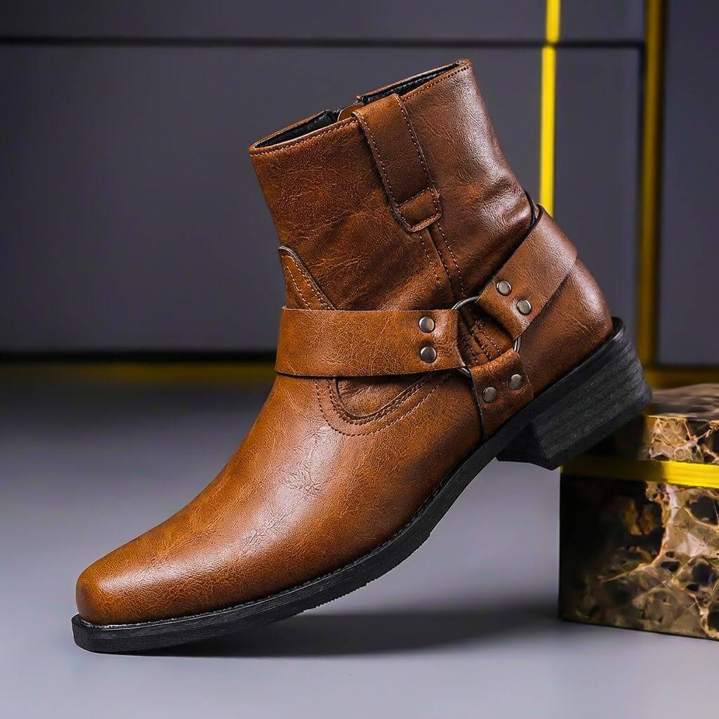 NOUVEAU RICHE Calico | Herren Handgefertigte Vintage Lederstiefel - Klassische Rahmengenähte Boots mit Reißverschluss Cognacbraun