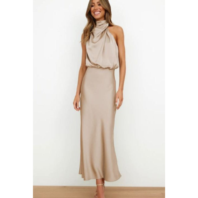 NOUVEAU RICHE Isana | Damen Abendkleid – Atemberaubender Neckholder, Feminine Silhouette & Eleganter Schnitt Khaki