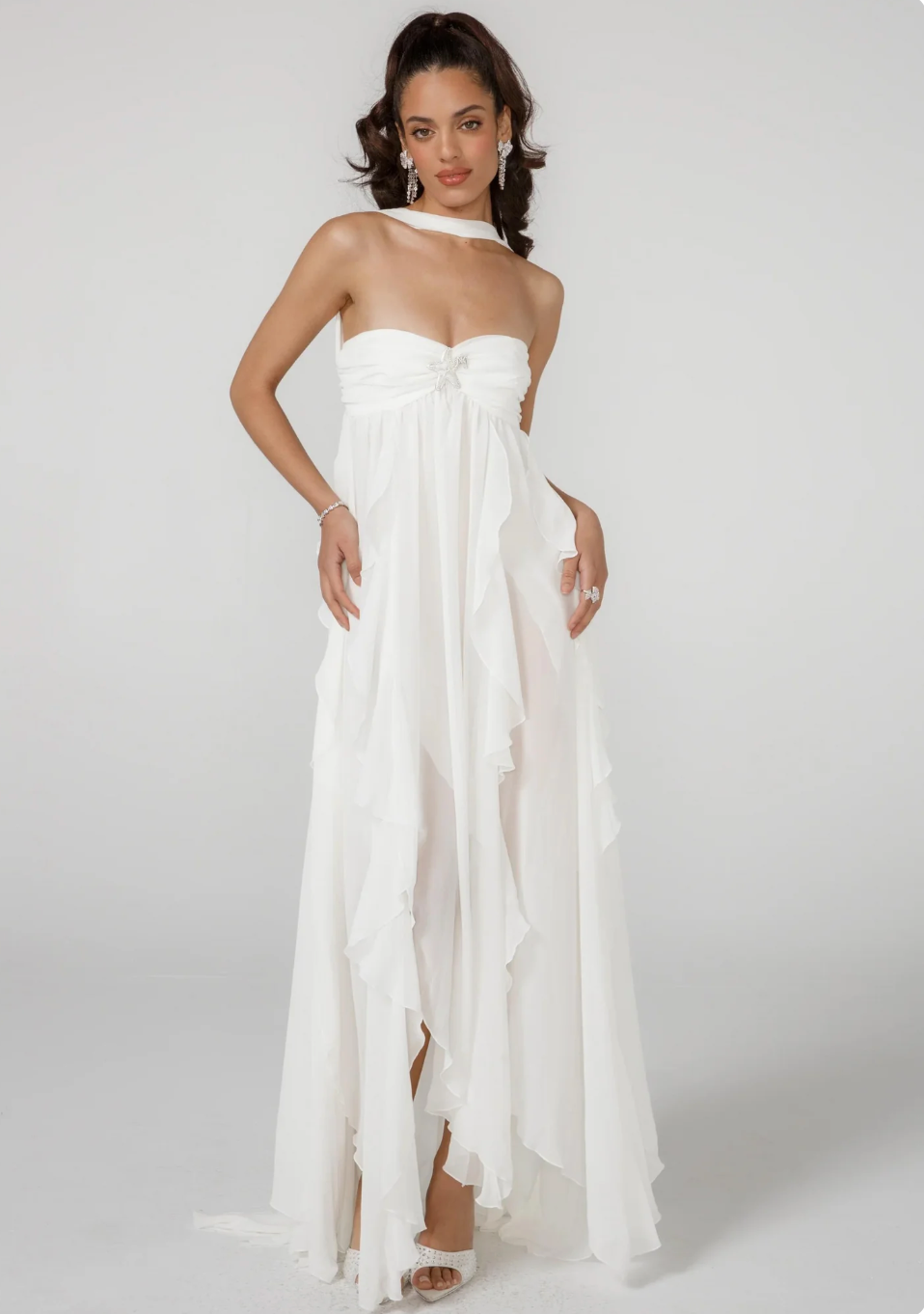 NOUVEAU RICHE Ätherisches Maxikleid mit Neckholder und Rückenfreiem Design für Elegante Anlässe und Besondere Momente Weiß