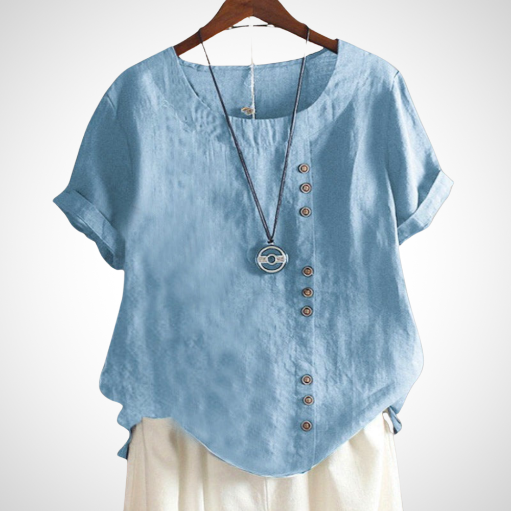 NOUVEAU RICHE Atmungsaktive Handgefertigte Leinenbluse Damen Sommerlook Himmelblau