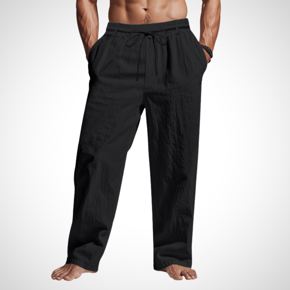 NOUVEAU RICHE Atmungsaktive Leinenhose Herren Relaxed Fit Kordelzug Lange Schwarz